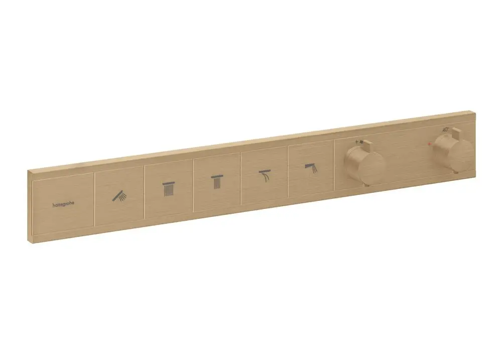 Hansgrohe Thermostat-Armatur mit Steuerung für mehrere Verbraucher, angeordnet auf einem langen, schmalen Panel mit regulierbaren Funktionen für Wasser und Temperatur.